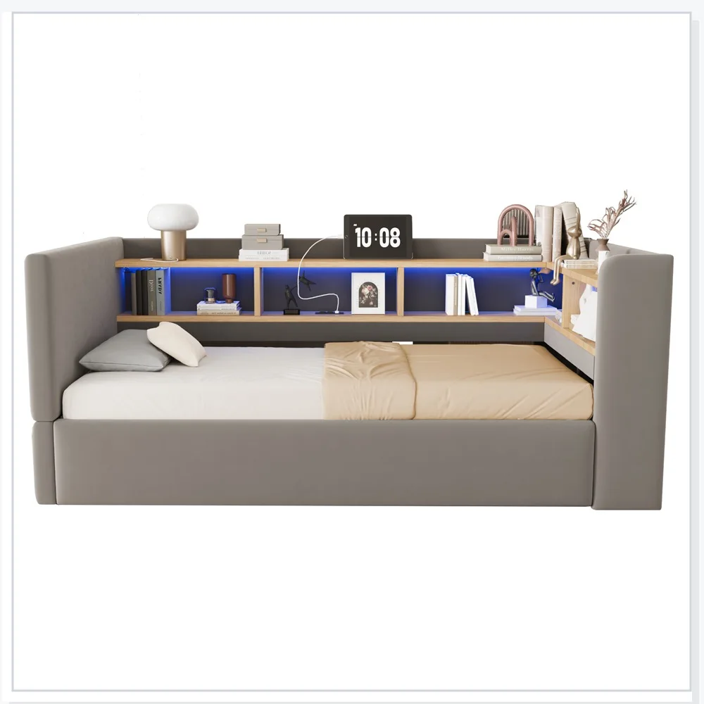 Tapicerowane Łóżko Dzienne 90 x 190 cm Ciemnoszare, Sofa Jednoosobowa z Hydraulicznym Schowkiem, Oświetleniem LED, Gniazdkami, Półkami Bocznymi, Udźwig 150 kg do Sypialni i Kawalerki Dark Gray
