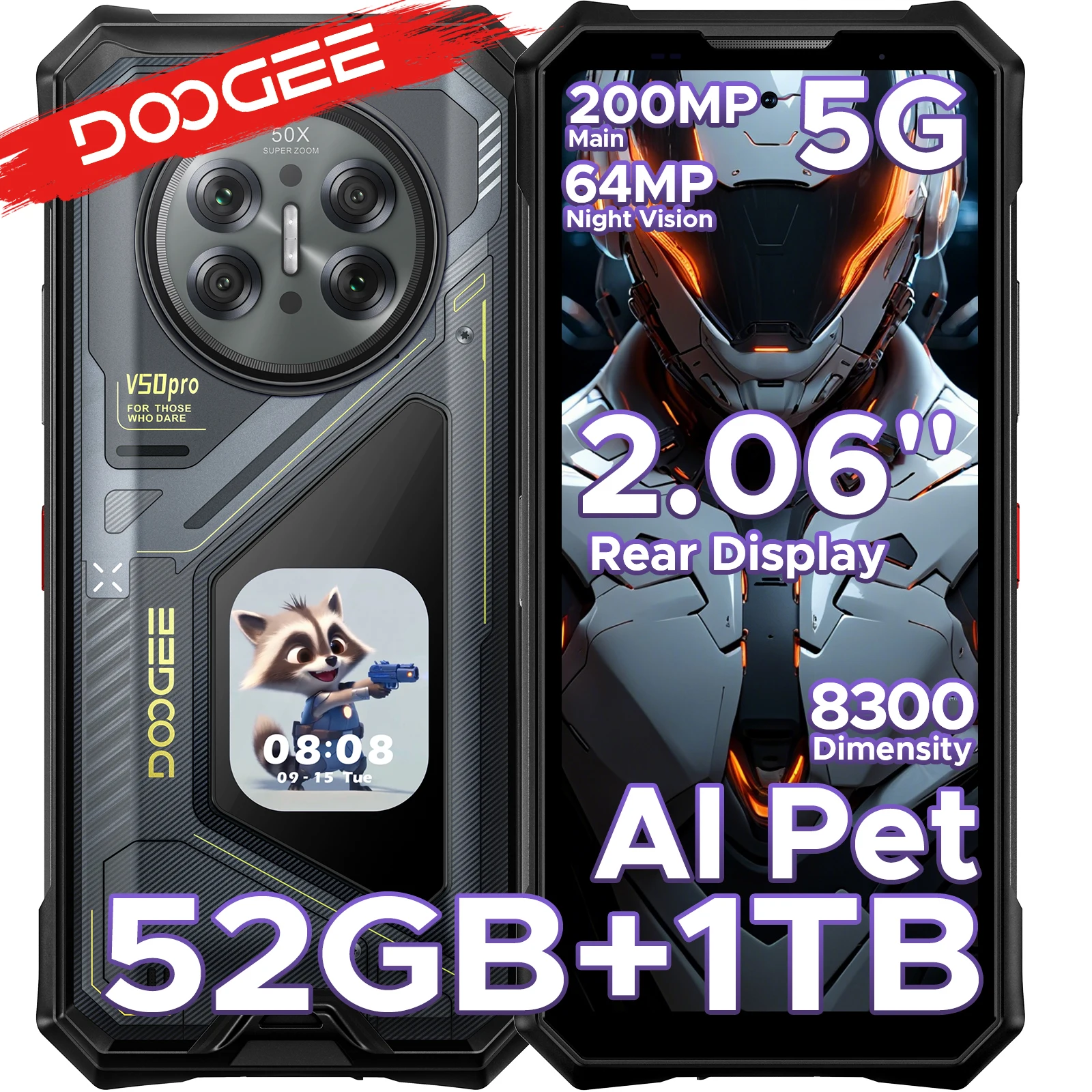 DOOGEE V50 Pro 5G AI Wytrzymały telefon komórkowy 6,78 cala Dimensity 8300 52GB RAM (16+36) 1TB ROM z wielofunkcyjnym wyświetlaczem tylnym AMOLED 2,06 cala, aparat 200MP, aparat noktowizyjny 64MP, 16GB 1TB Black