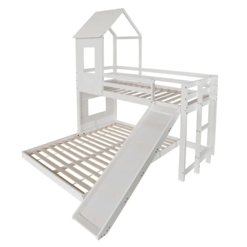 Łóżko piętrowe z białej sosny i MDF z zjeżdżalnią i zabudową domek dla lalek, łóżko pojedyncze górne 90x200cm i łóżko podwójne dolne 140x200cm