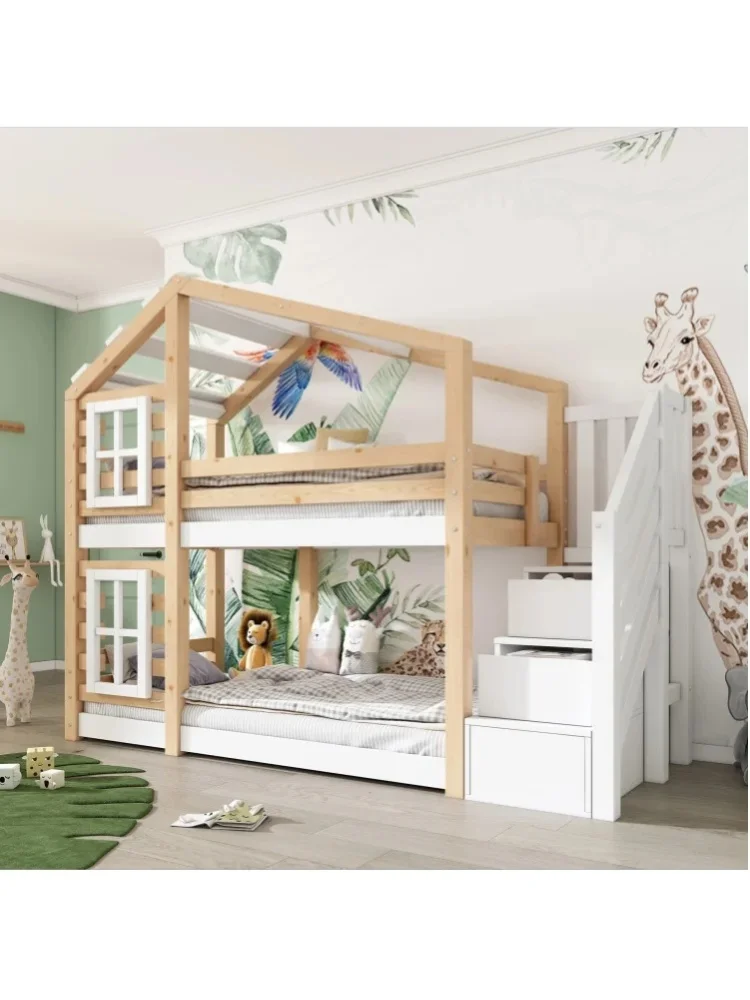 Łóżko piętrowe dla dzieci w kształcie domku na drzewie 90x200 cm z szufladami do przechowywania, wykończenie z naturalnej sosny i białym lakierem, certyfikat EN 747-1:2024, zawiera 2 ramy z listew