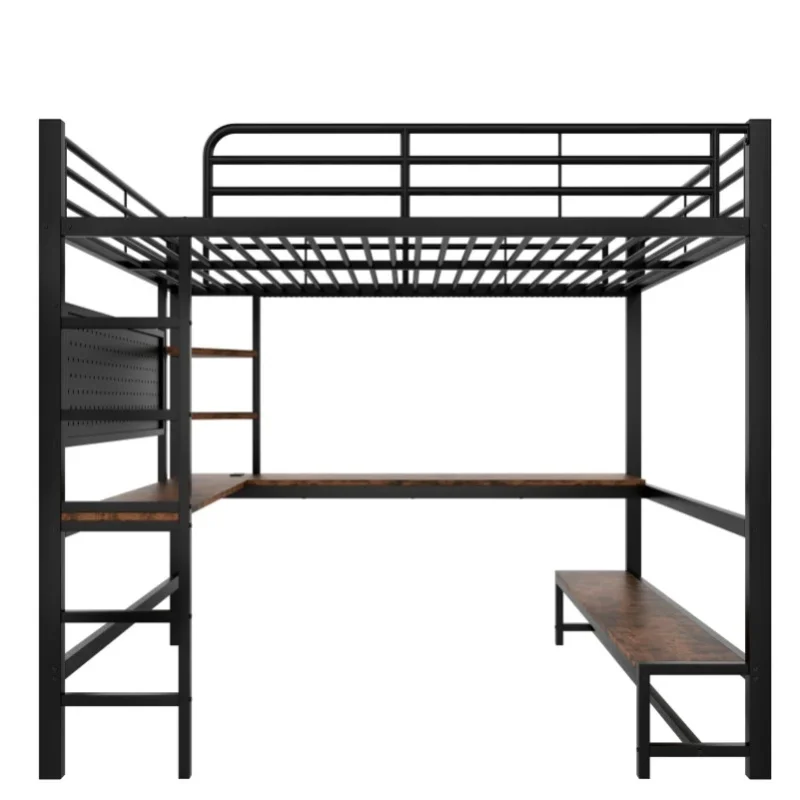 Łóżko na antresoli w stylu black metal, 140x200cm, ze stolikiem, oświetleniem LED, USB Type-C, barierką zabezpieczającą i drabinką.