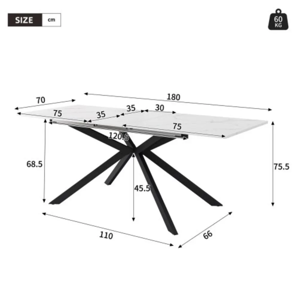 Stół do jadalni rozkładany z wzorem czarno-białego marmuru, 150-180×70×76cm, automatyczny stół prostokątny do jadalni, kawy i relaksu z konstrukcją z podstawą krzyżową do domu, jadalni.