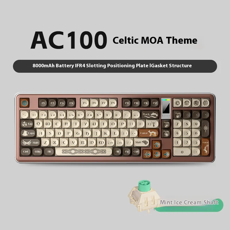 AJAZZ LightKrypton AC100 MAX Celtic Aluminiowa Klawiatura Gamingowa 98 Klawiszy Potrójny Tryb Ekran LED Przełączniki Gasket Ice Cream BIAŁY