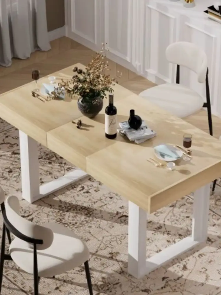 Rozkładany stół do jadalni w stylu retro, o długości 120-160 cm, na 8 osób, drewniany stół kuchenny w stylu średniowieczno-nowoczesnym, kolor naturalny + biały.