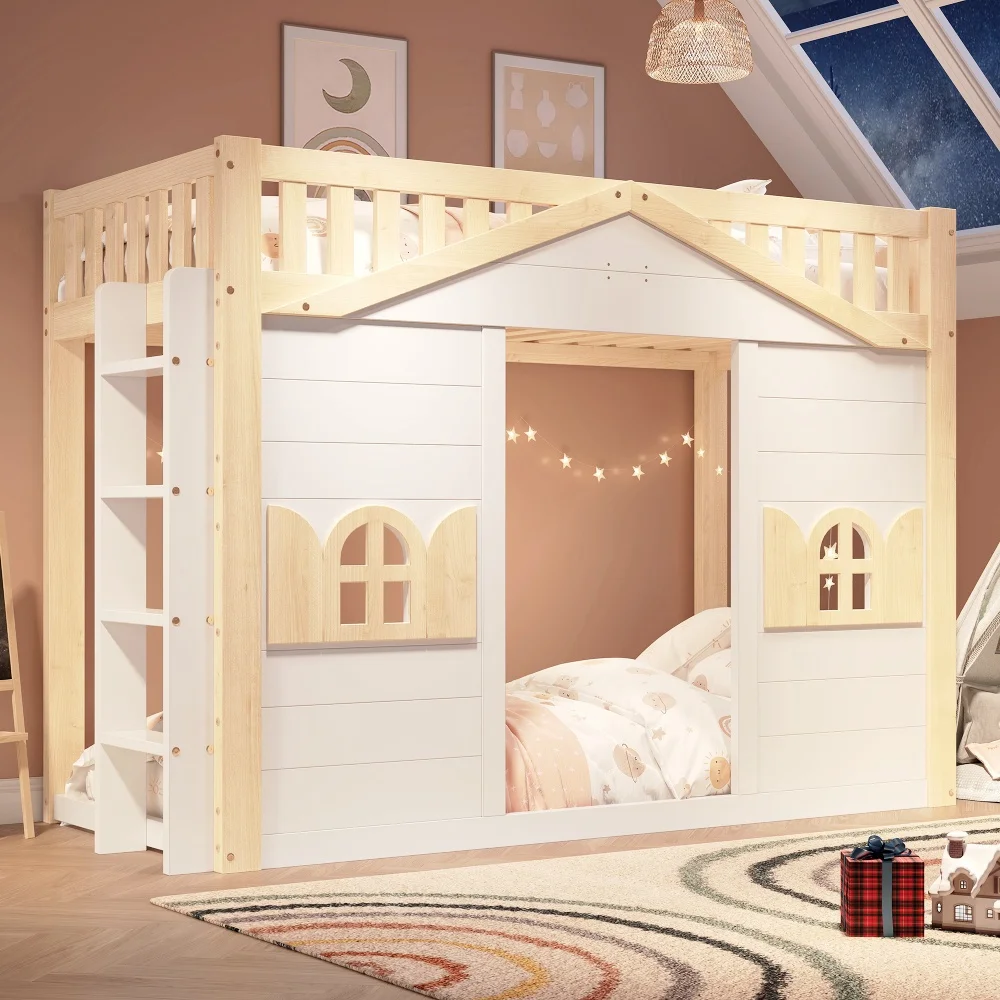Łóżko typu loft dla dzieci z drewna, 90×200 cm, z oknem w kształcie okna, wysokie łóżko w kolorze białym i naturalnym, z przestrzenią na spoczynek lub aktywności dzieci.