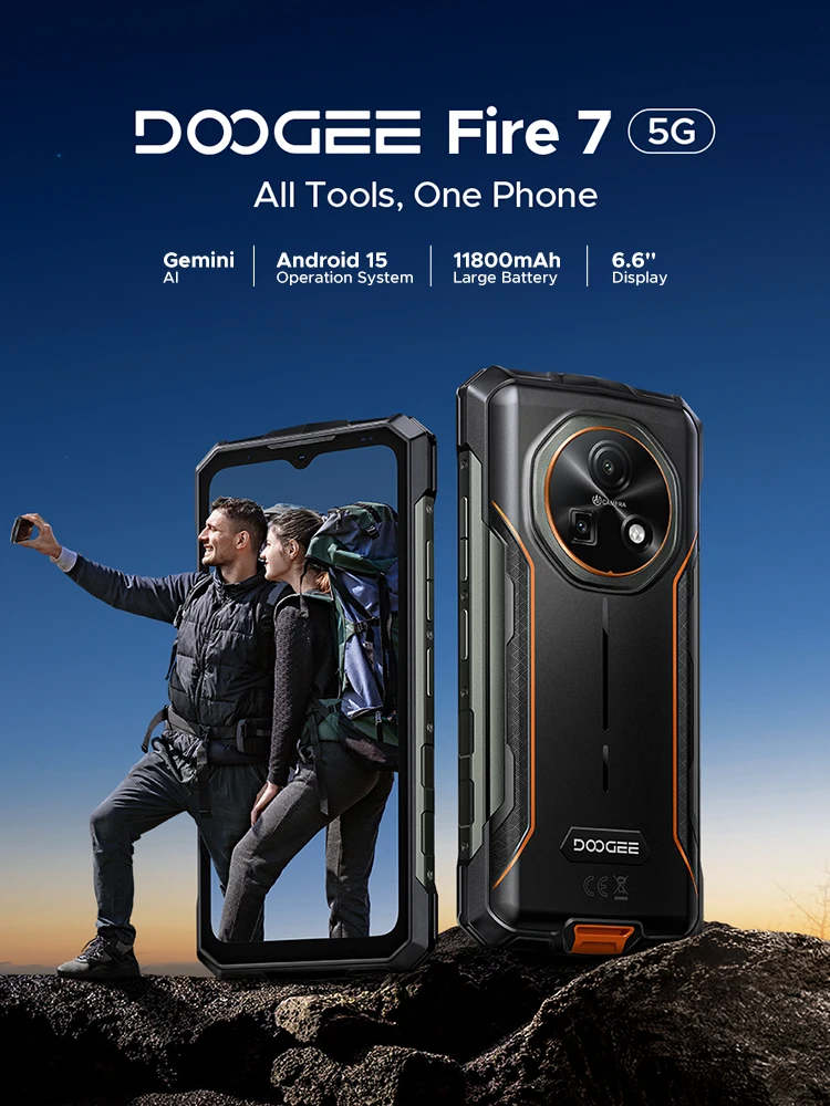 DOOGEE Fire 7 5G Wytrzymały telefon z baterią 13000mAh, Android 15, ekran 6.6'', aparat 64MP, Dimensity 6300, wersja globalna, smartfon z NFC 4GB 256GB Green