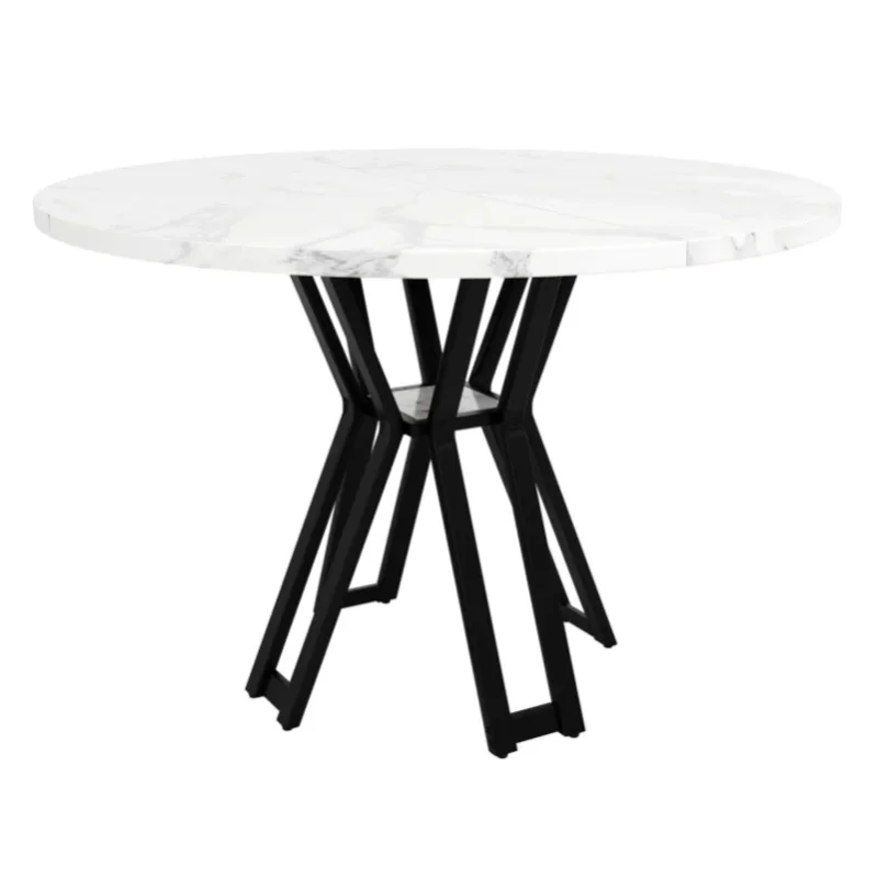 Okrągły stół do jadalni 100x100x76 cm z blatem z MDF o marmurkowym wzorze i czarnymi metalowymi nogami.