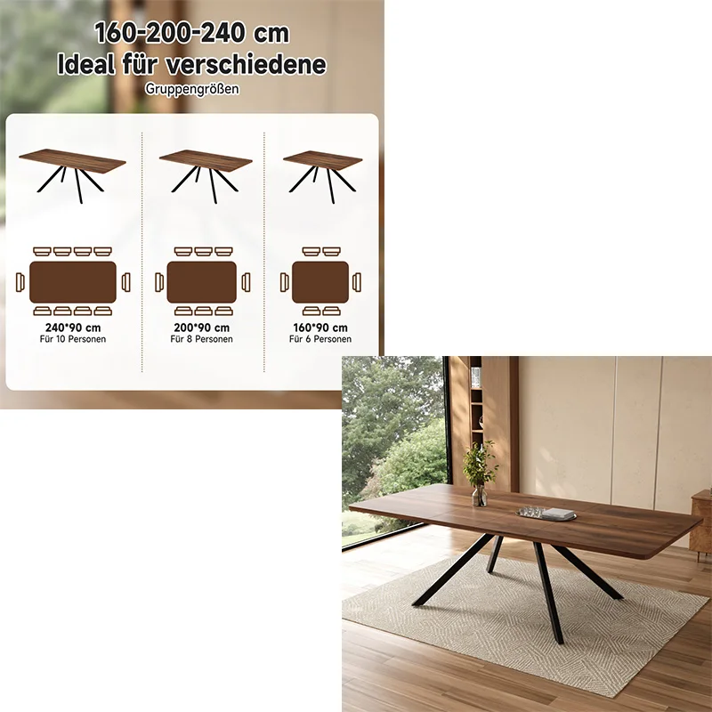 Rozkładany stół do jadalni 160/200/240 X 90 X 74,5 CM, stół kuchenny, stół rozkładany 240 CM, odpowiedni do kuchni i salonu, maksymalna nośność 100 KG, dla 6-10 osób. Walnut