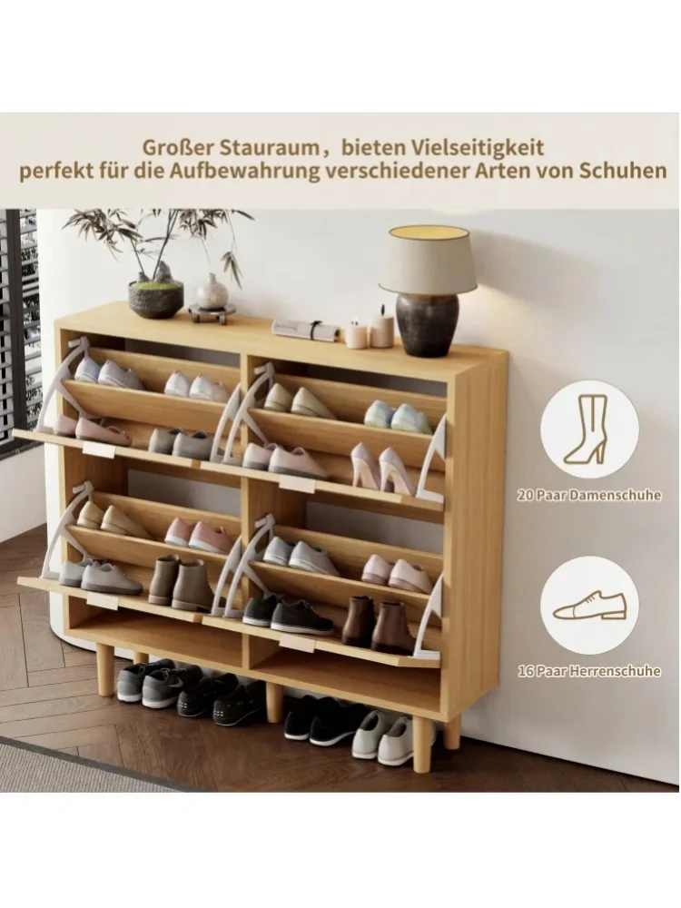 Szafka na buty z rattanu i drewna dębowego z 4 składanymi szufladami, 100x25x90 cm, drewniane uchwyty i nogi.