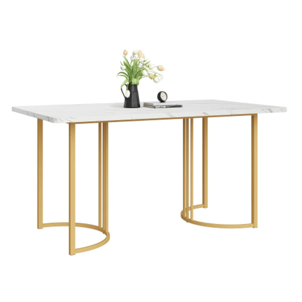 Biały Złoty Stół do Jadalni o Wymiarach 140×80cm z Efektem Marmuru, Nowoczesny Stół Kuchenny z Solidną Metalową Ramą i Regulowanymi Nóżkami do Domowej Jadalni, Salonu
