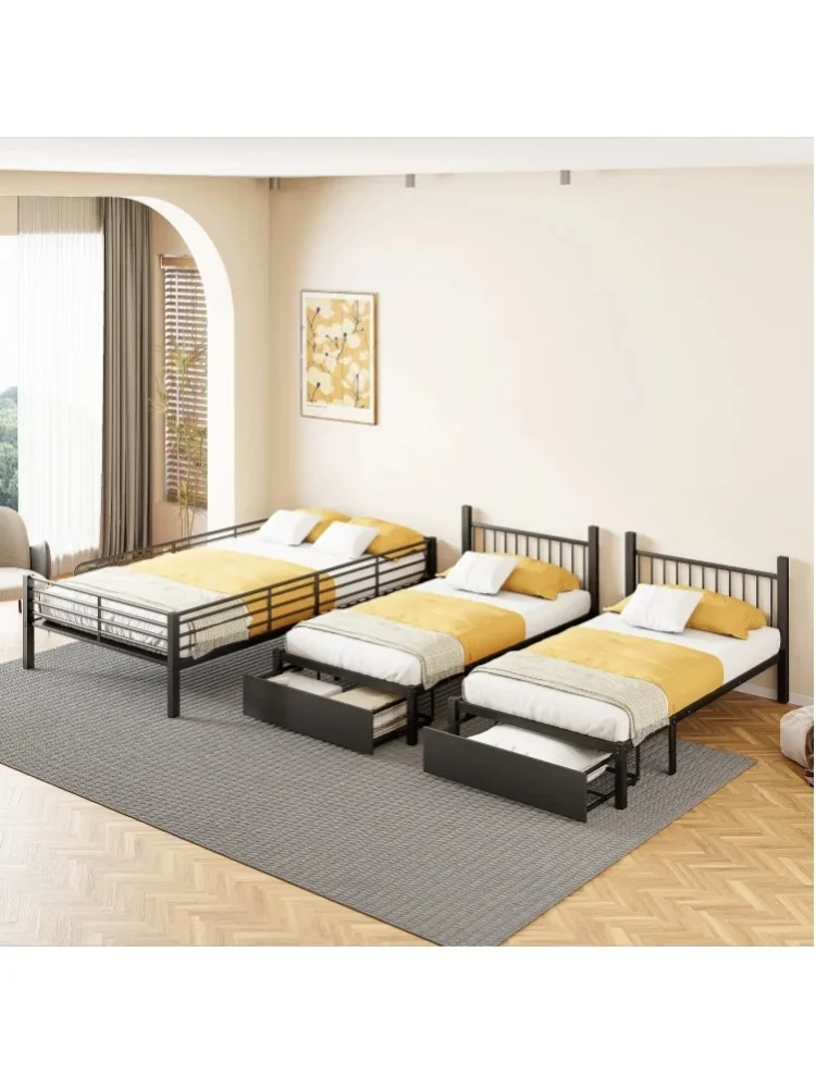 Trzyosobowa metalowa łóżko-podłóżka z szufladami do przechowywania, rozkładana na łóżko podwójne 140x200 i dwa łóżka pojedyncze 90x200, biała.
