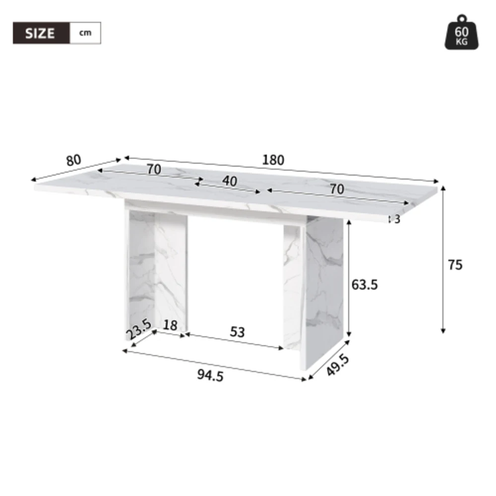 Stół do jadalni prostokątny rozkładany z efektem białego marmuru 140/180×80cm, pogrubiony blat, prosty styl, na 6-8 osób, do kuchni, jadalni, salonu.