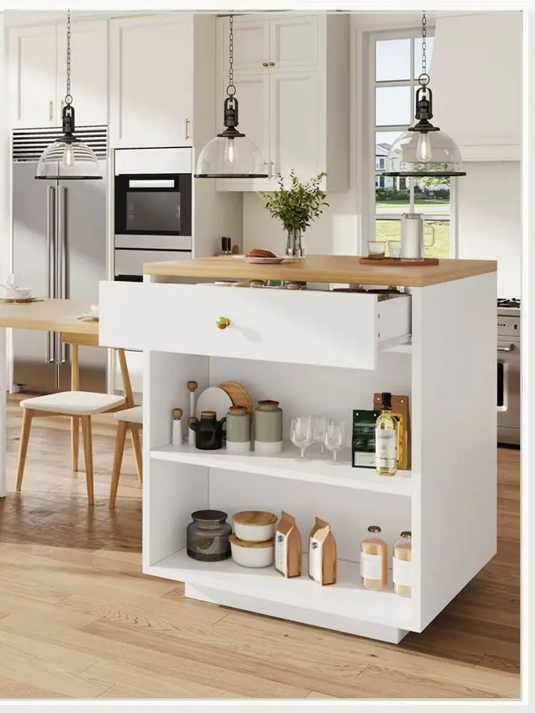 Wyspa Kuchenna z Wysuwanym Blatem 122.5-195.5 cm, Biala Czarna Szafka Kuchenna z Szufladami Polka na Wino MDF Udzwig 60kg White and Black Kitchen Island