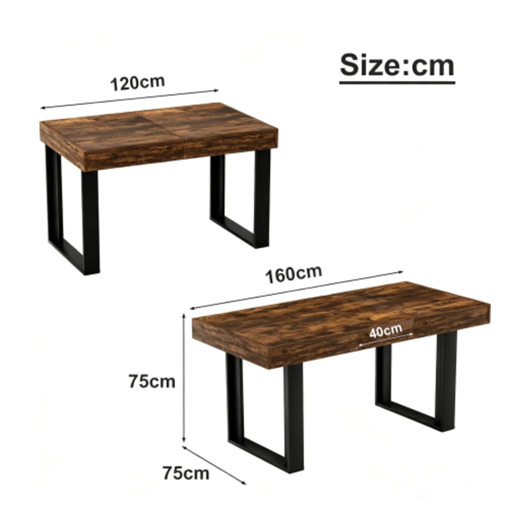 Rozkładany stół do jadalni w stylu retro, 120-160 cm, na 8 osób, drewniany stół kuchenny w stylu średniowieczno-nowoczesnym, rustykalny brąz + czarny