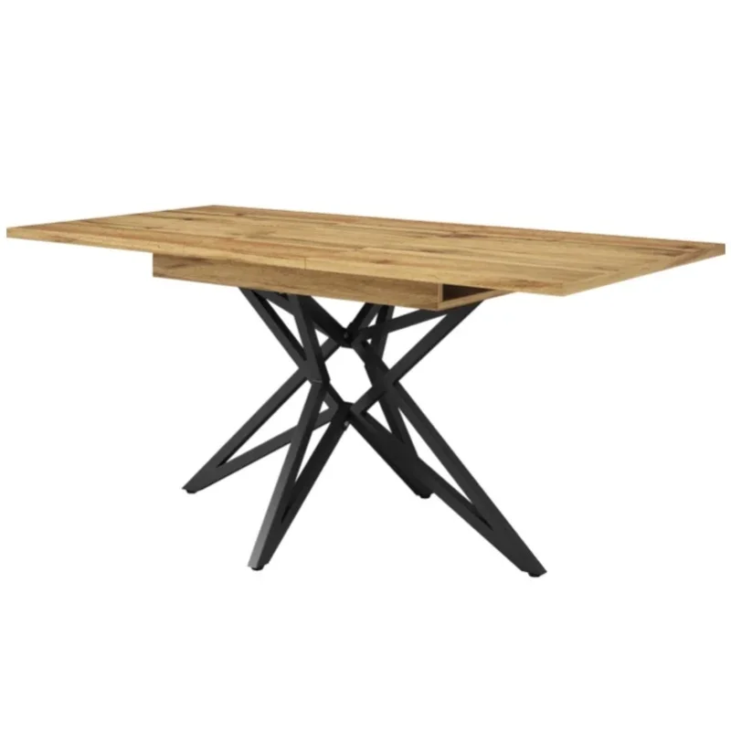 Rozkładany stół do jadalni 120-160x80 cm z blatem z MDF o wzorze orzecha włoskiego i czarnymi metalowymi nogami w kształcie gwiazdy.
