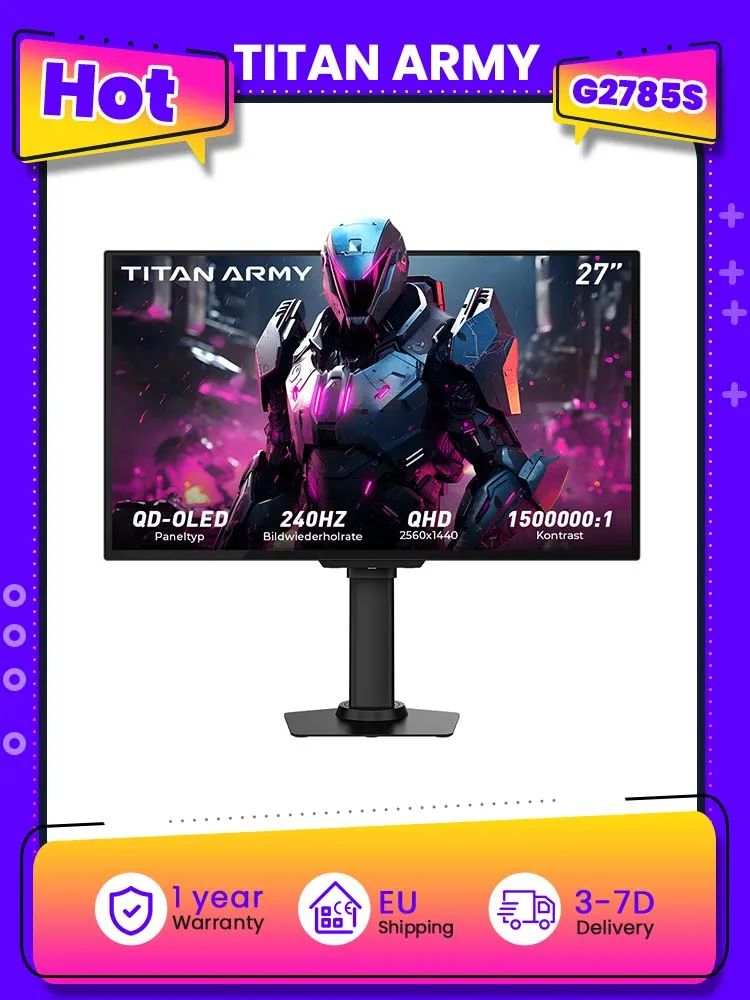 Monitor gamingowy TITAN ARMY G2785S, panel QD-OLED o przekątnej 26,5 cala, rozdzielczość 2560 × 1440, bezramkowa konstrukcja, 240 Hz, 0,03 ms GTG, 1,07 miliarda kolorów, kompatybilny z FreeSync, TITAN ARMY G2785S