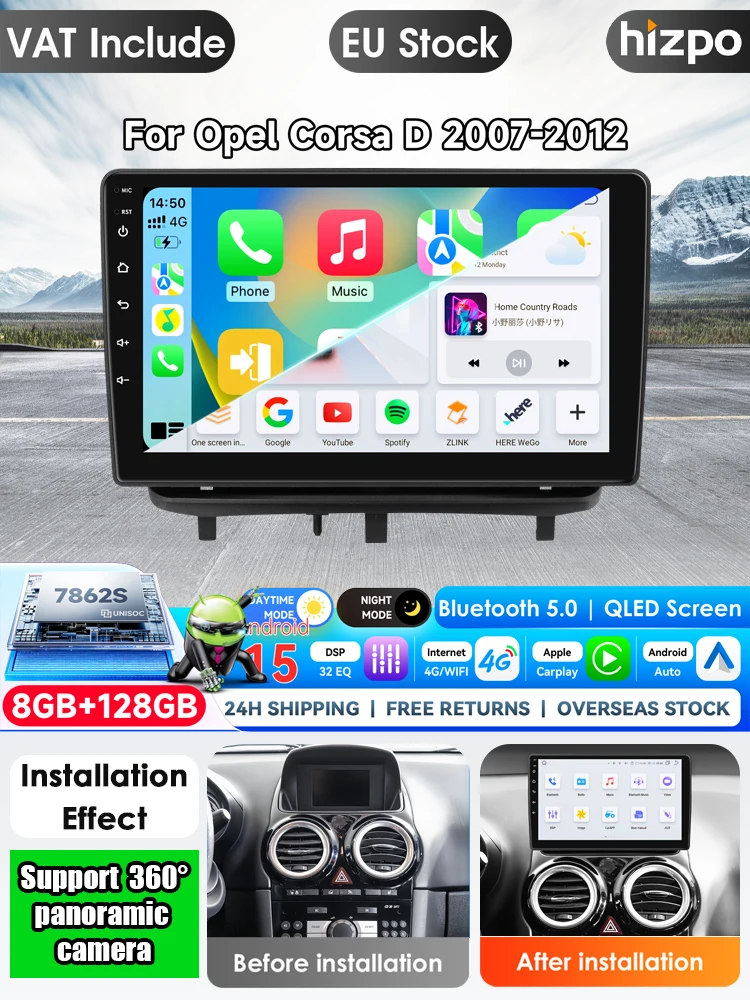 Radio samochodowe Hizpo 9 cali do OPEL CORSA D 2007 - 2012, bezprzewodowy Carplay, Android Auto, odtwarzacz multimedialny, radio 2 DIN, autoradio, GPS, stereo, inteligentne systemy, ekran dotykowy W5 8581
