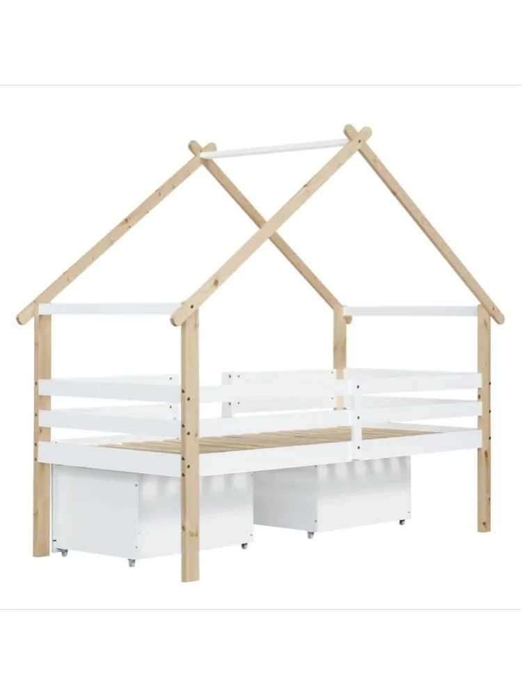 Łóżko domek dla dzieci Modenvie z dachem, białe i z naturalnej sosny oraz MDF, 90x200 cm, pół-loft z drabinką i szufladami do przechowywania