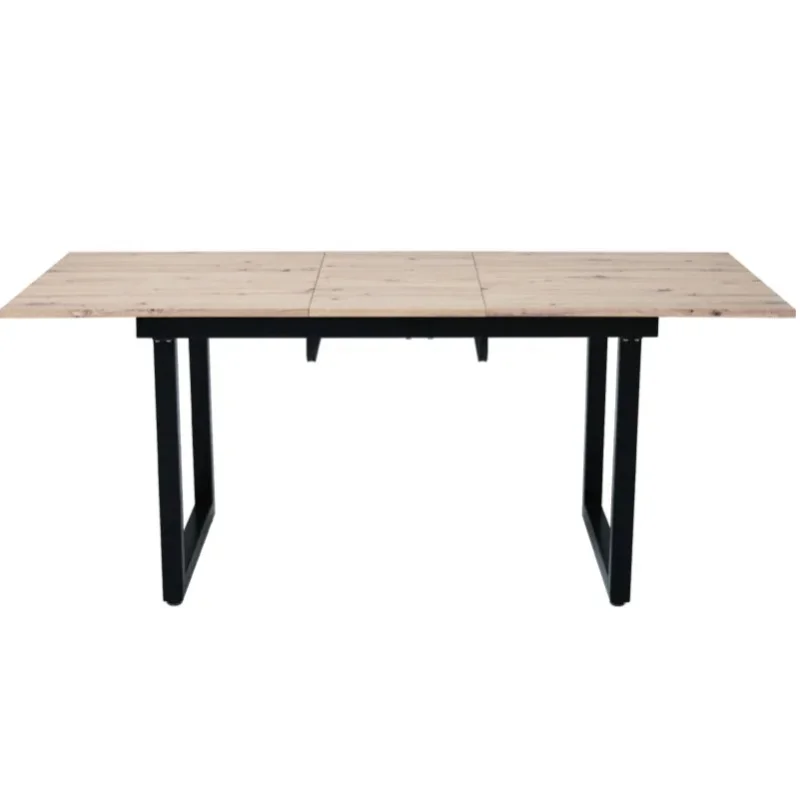 Rozkładany stół do jadalni w stylu industrialnym, dł. 140/180 x szer. 80 x wys. 75 cm, MDF z efektem dębu i czarną metalową ramą.