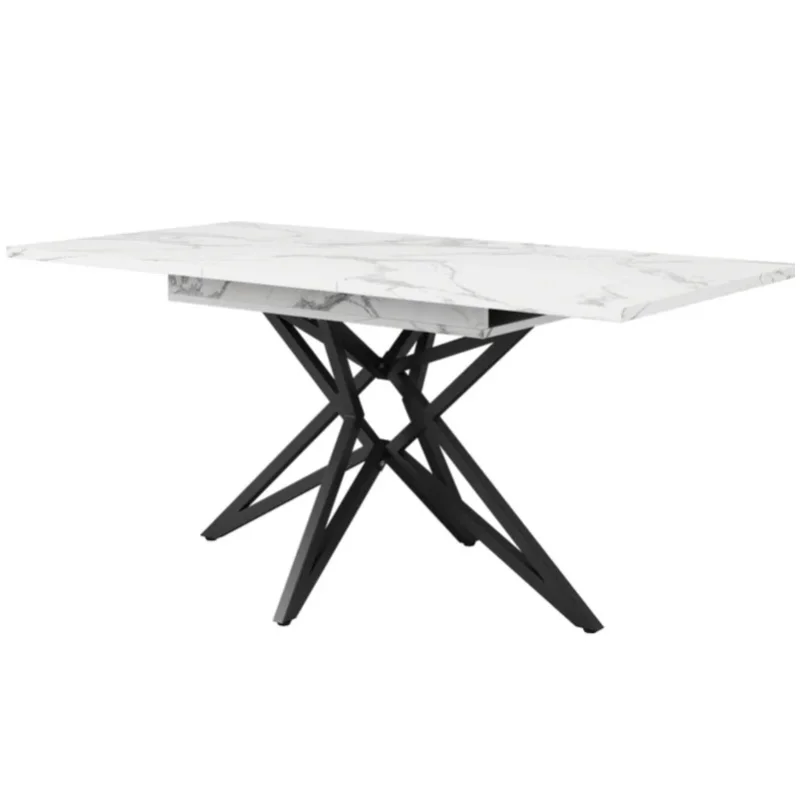 Rozkładany stół do jadalni 120-160x80 cm z blatem z MDF o efekcie orzecha i marmuru, czarne metalowe nogi w kształcie gwiazdy.
