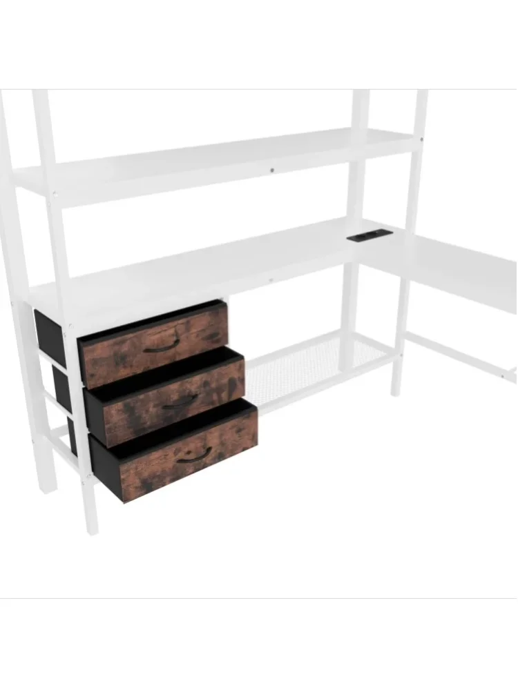 Łóżko na antresoli z białego metalu i MDF 140x200 cm z oświetleniem LED, biurkiem, gniazdem USB i zasilania, 3 szufladami, półkami i barierką zabezpieczającą.