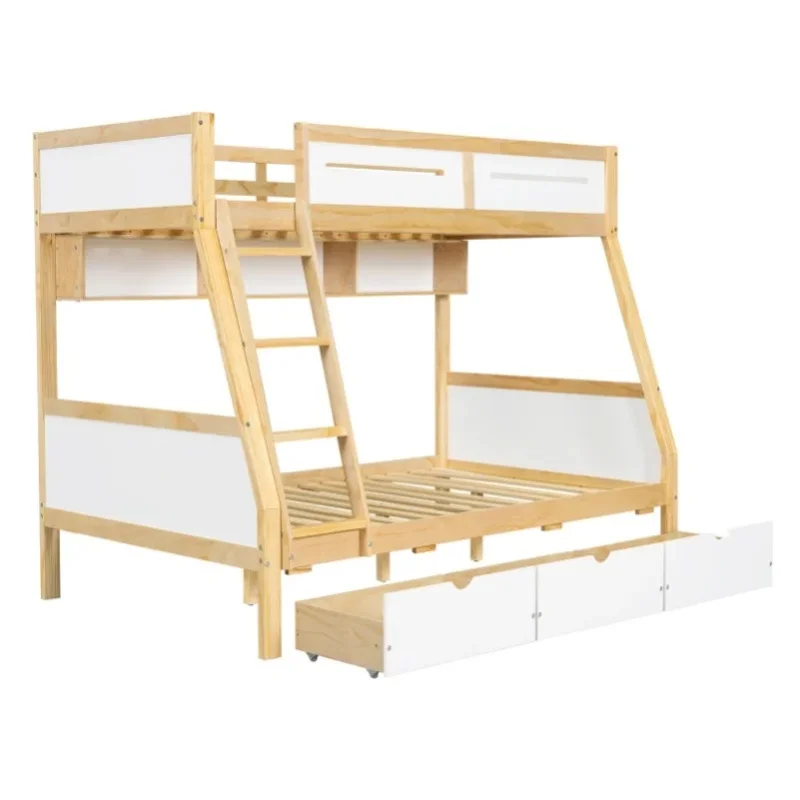 Łóżko piętrowe z białego i naturalnego drewna sosnowego z trzema wysuwanymi szufladami, regałem na książki 2m, drabinką, 90x200cm i 120x200cm