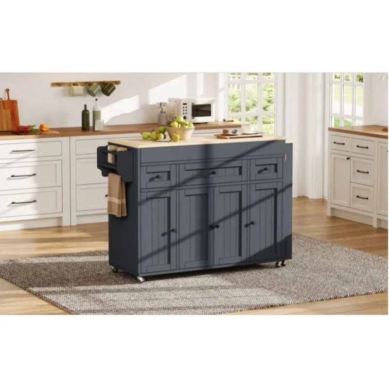Mobilna wyspa kuchenna z rozsuwanym blatem, półką na przyprawy i szufladami, szary MDF+PB, 137-190,6×45,2×92 cm