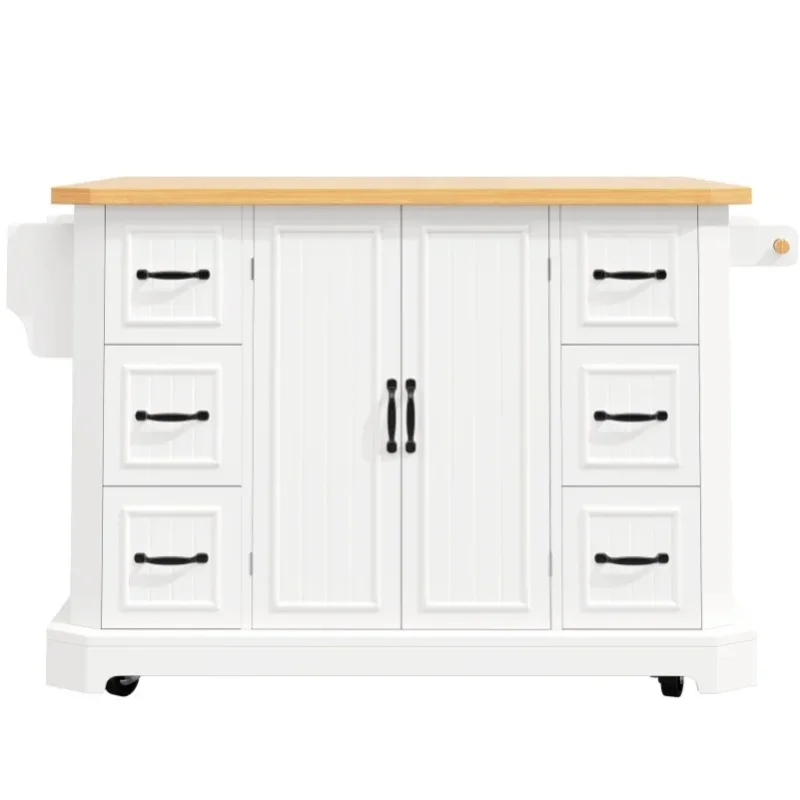 Mobilny wyspa-kuchnia na kółkach z 2 drzwiami i 6 szufladami, MDF i metal, 120x45x91 cm, biało-czarny
