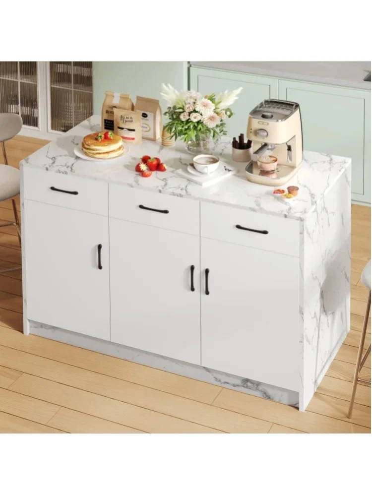 Wyspa kuchenna 120x60x90,5 cm z 3 szufladami i 3 drzwiami, efekt białego marmuru, regulowane półki, zintegrowana stacja barowa.
