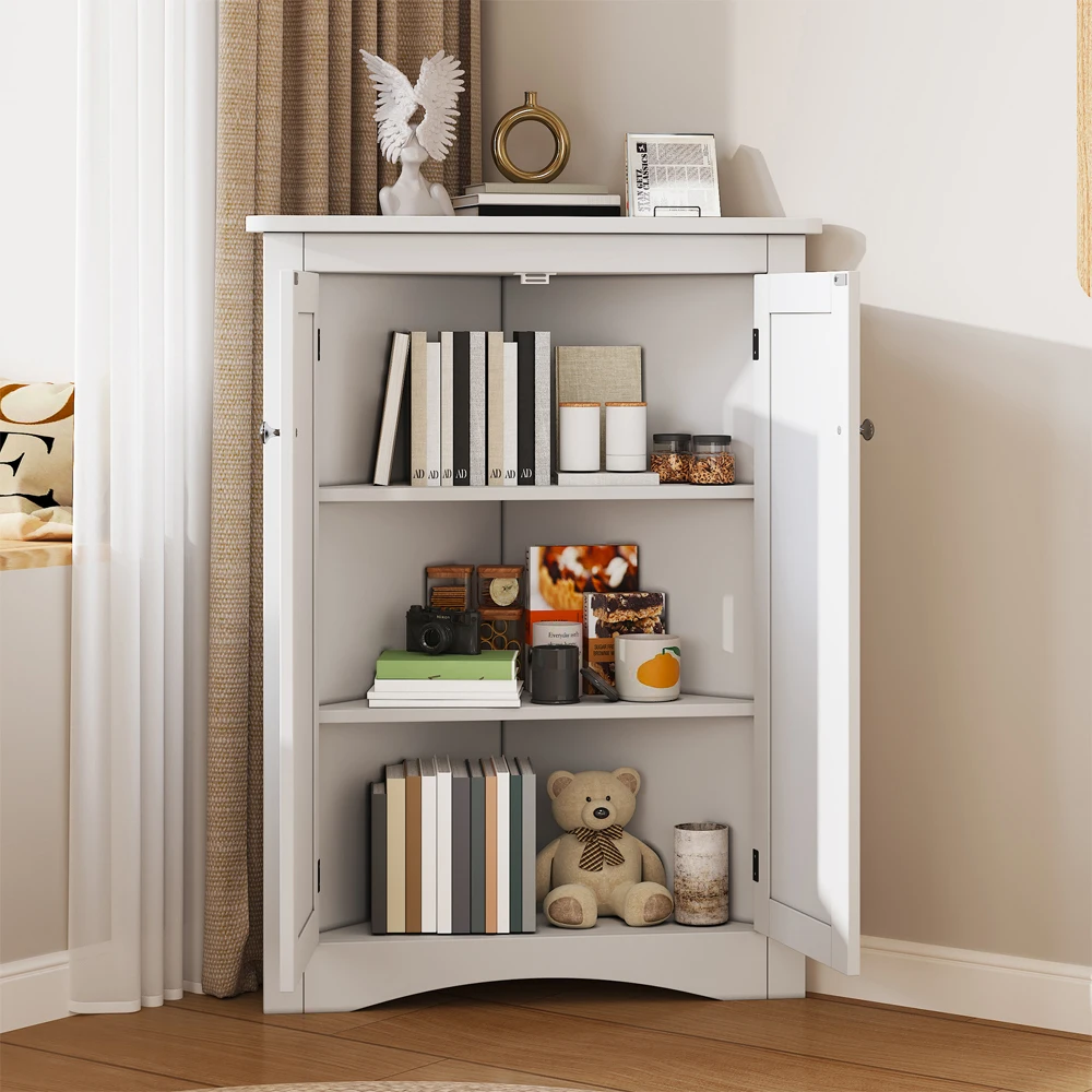 Wysokiej jakości malowana biała narożna szafka trójkątna z MDF, wolnostojąca szafka z 2 drzwiami i 3 półkami, kompaktowa 61,5x80 cm do łazienki, kuchni, salonu.