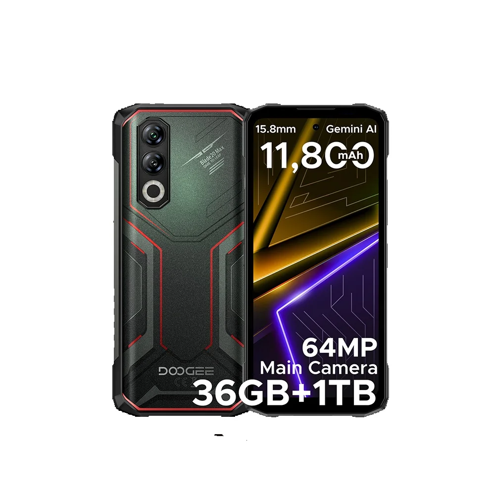 DOOGEE Blade20 Max Wytrzymały telefon komórkowy 36GB (12GB + 24GB) RAM 1TB ROM 6.6'' Wyświetlacz 11800mAh Bateria 64MP Kamera AI Android 15 Smartfon 12GB 1TB Green