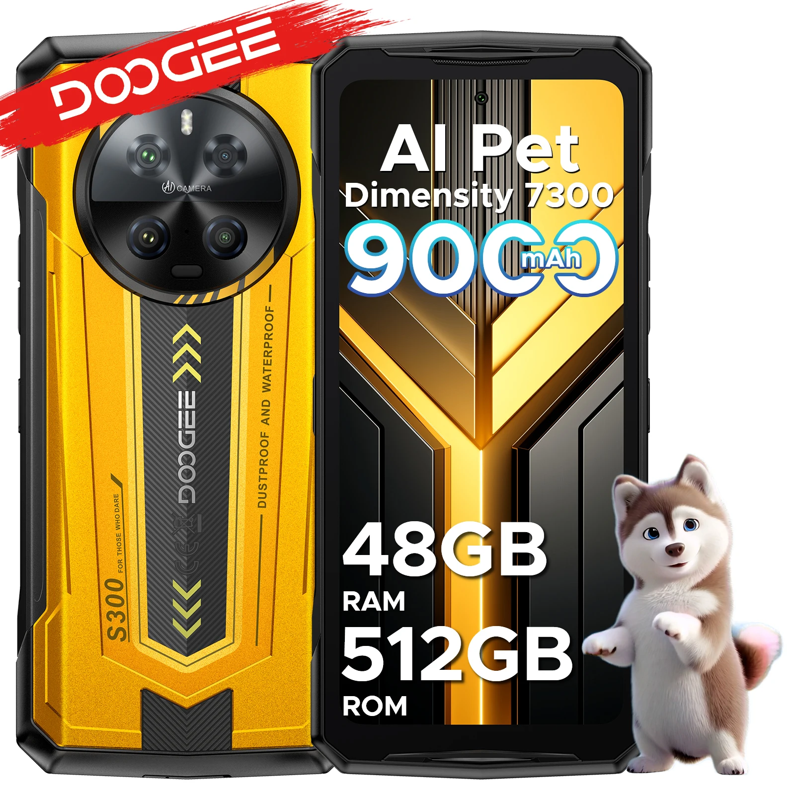 DOOGEE S300 5G Wytrzymały telefon komórkowy MediaTek Dimensity 7300 48GB RAM (12+36) 512GB ROM 108MP Główny aparat 20MP Aparat noktowizyjny Bateria 9000mAh Google Pay NFC Obsługuje smartfony 12GB 512GB Yellow