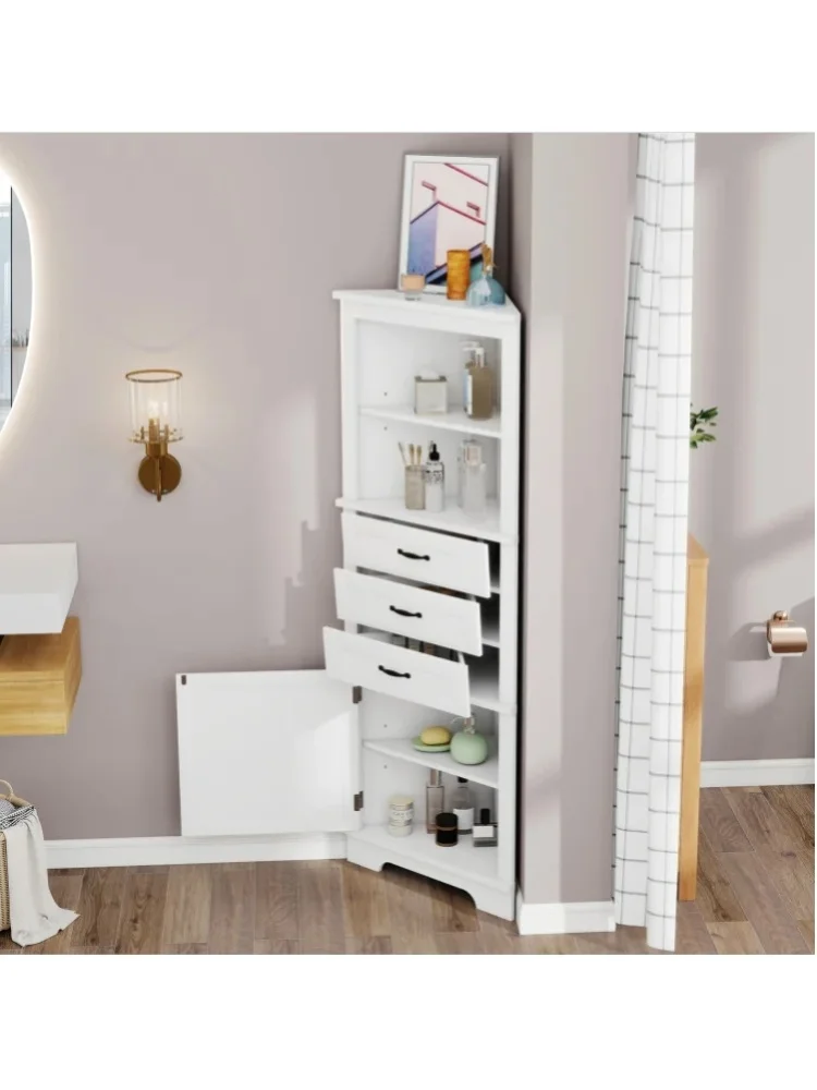 Biała narożna szafka łazienkowa z MDF 57,7×46×167,5 cm z 3 szufladami i regulowanymi półkami