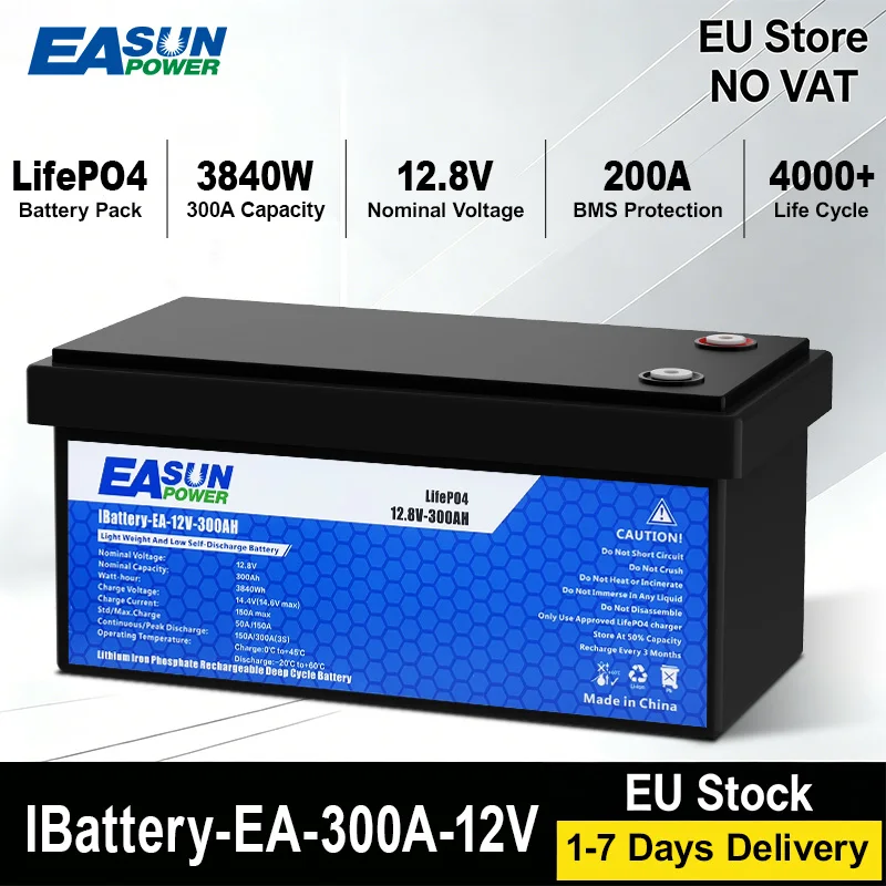 Easun LifePO4 300Ah 3840W 12V 12.8V Akumulator Grade A BMS Paralelny i Konfigurowalny +4000 Cykli Życia Magazyn w Polsce do Domu