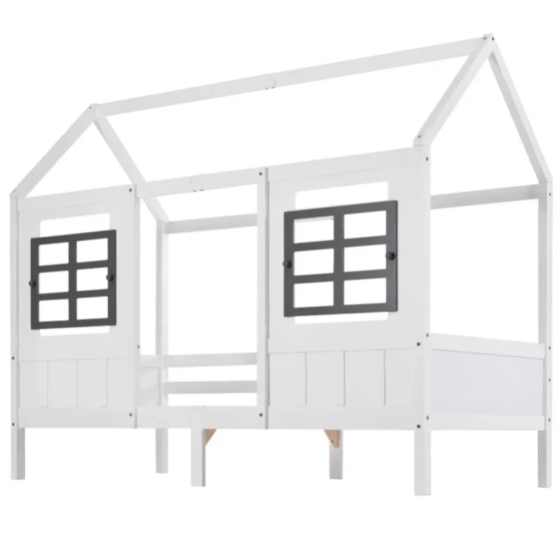 Łóżko dla dzieci w kształcie domku z dwoma szufladami i oknami, rama z sosny i MDF, białe, 200x90 cm