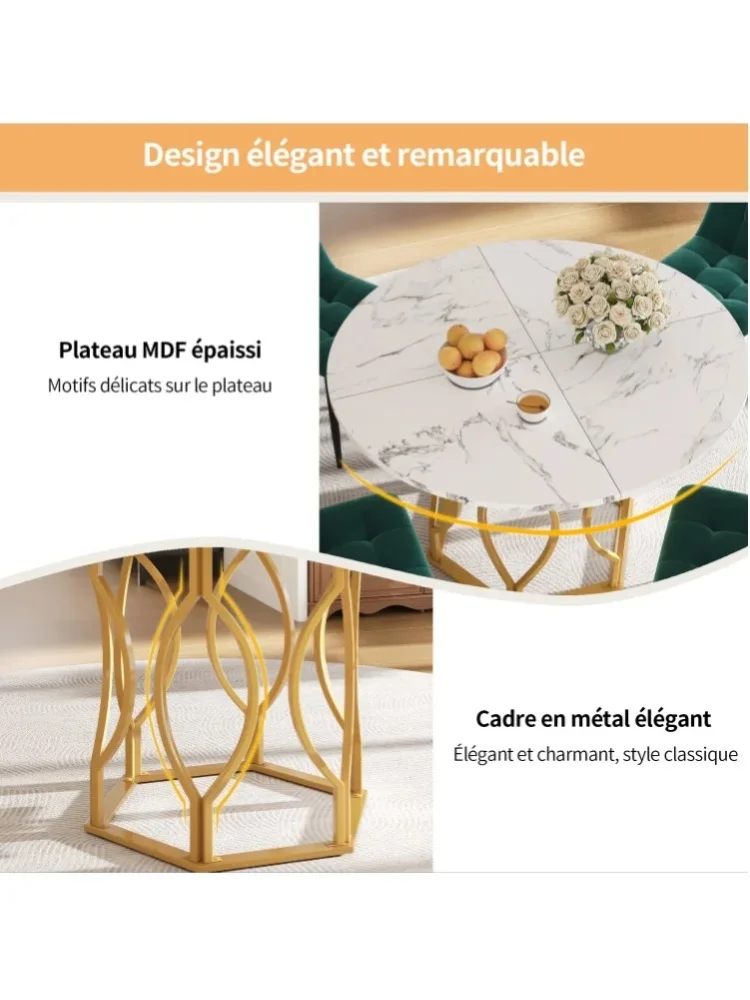 Okrągły stół do jadalni 100×100×76 cm z blatem z MDF o efekcie marmuru i metalowymi nogami w kolorze złotym.