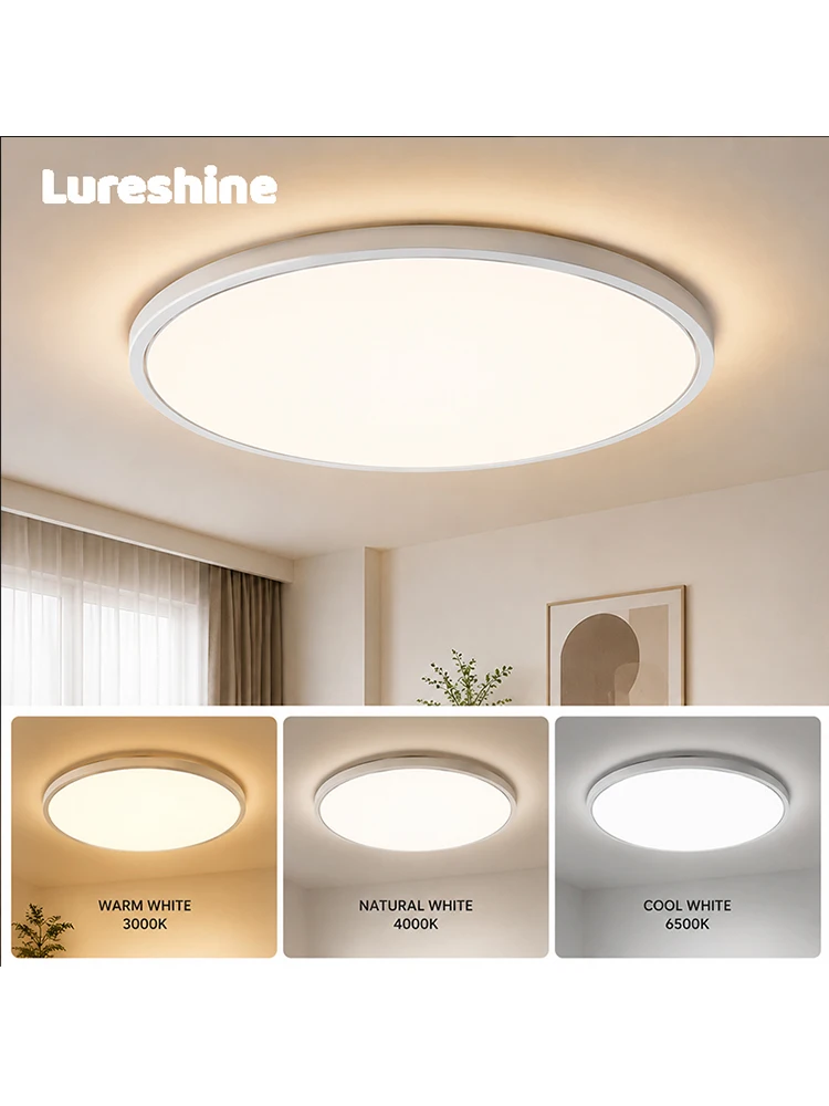 Ultracienka okrągła lampa sufitowa LED 32W 3200LM, 3 regulowane kolory 3000K/4000K/6500K, bez migotania, CRI80+ ochrona oczu, wodoodporność IP44, lampa sufitowa LED do łazienki, kuchni, sypialni,