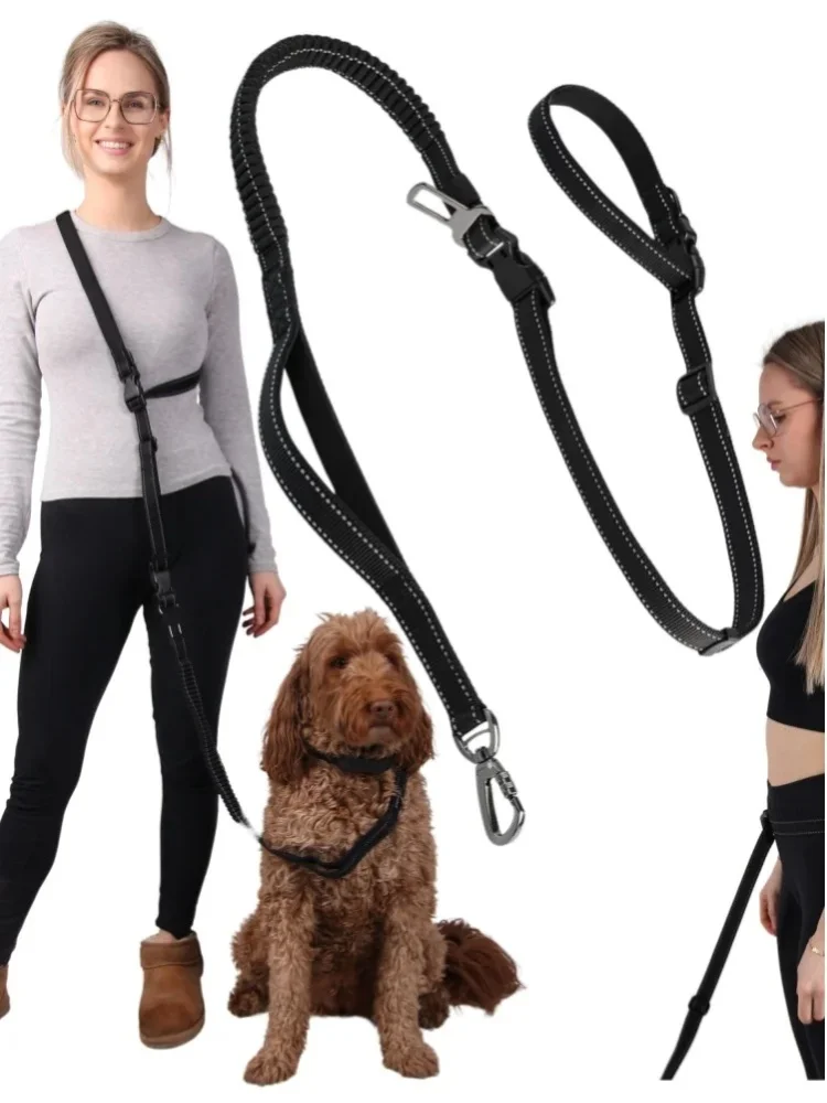 Smycz sportowa dla psa z pasem biodrowym 6w1, amortyzator, odblaskowa, regulowana, do 50 kg
