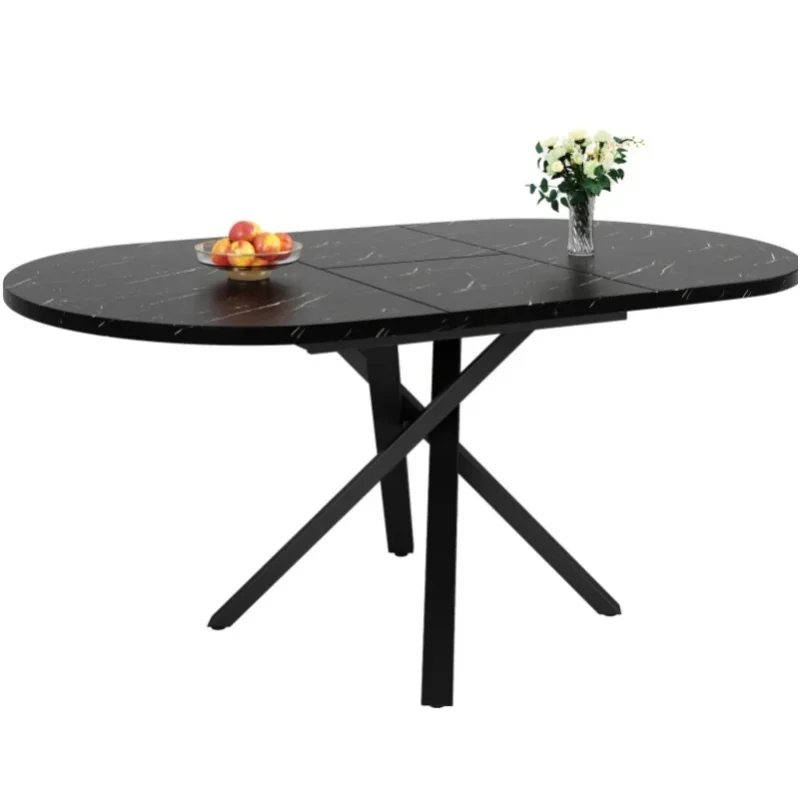 Okrągły rozkładany stół do jadalni z blatem o efekcie marmuru, 100-140 cm, czarna metalowa rama w kształcie litery X, wysokość 75,5 cm