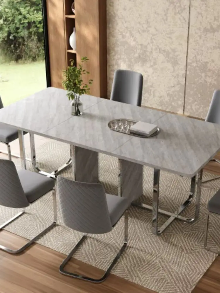 Prostokątny stół do jadalni w kolorze szarym i srebrnym, 180×80×75 cm, solidny, nowoczesny stół na 6 osób z srebrnymi metalowymi nogami do jadalni w domu.