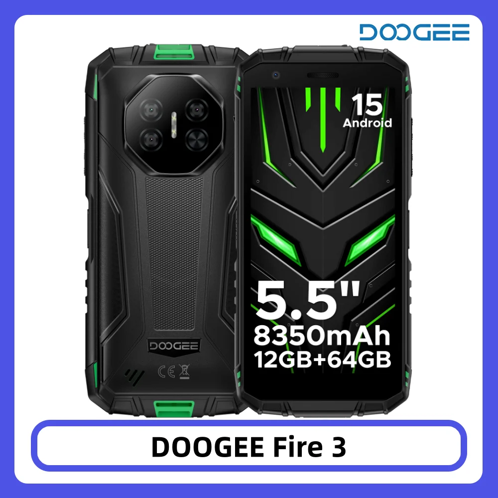 DOOGEE Fire 3 Wytrzymały telefon komórkowy z 5,5-calowym wyświetlaczem HD+, 12 GB + 64 GB pamięci, baterią 8350 mAh, 13-megapikselowym aparatem, Widevine L1, NFC, IP68, Android 15 3GB 64GB Green