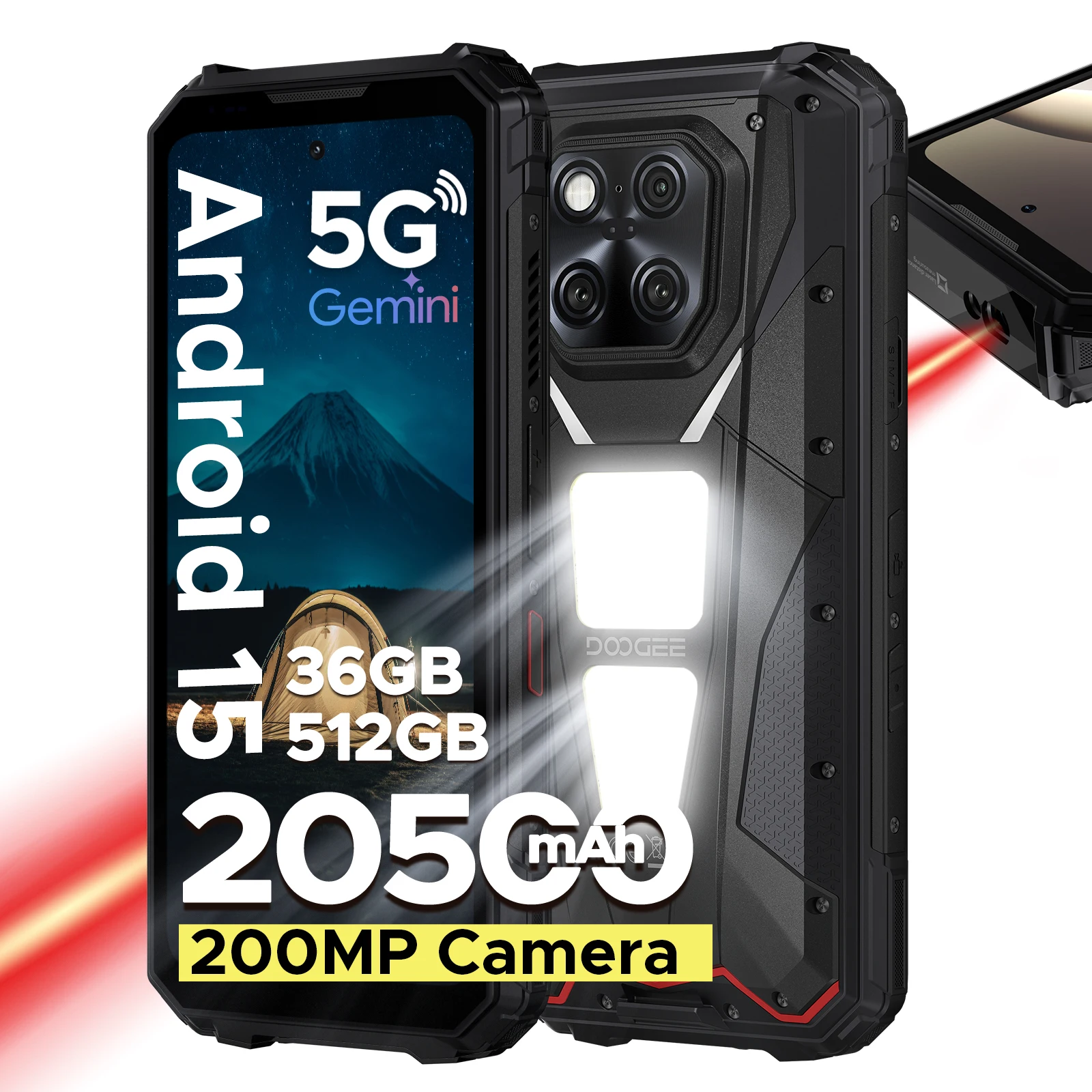 DOOGEE V Max LR 5G Wytrzymały Telefon z Laserowym Dalmierzem, Podwójnymi Latarkami Kempingowymi, 16GB RAM, 512GB ROM, Ekran 6.78'', Bateria 20500mAh, Smartfon 16GB 512GB Black