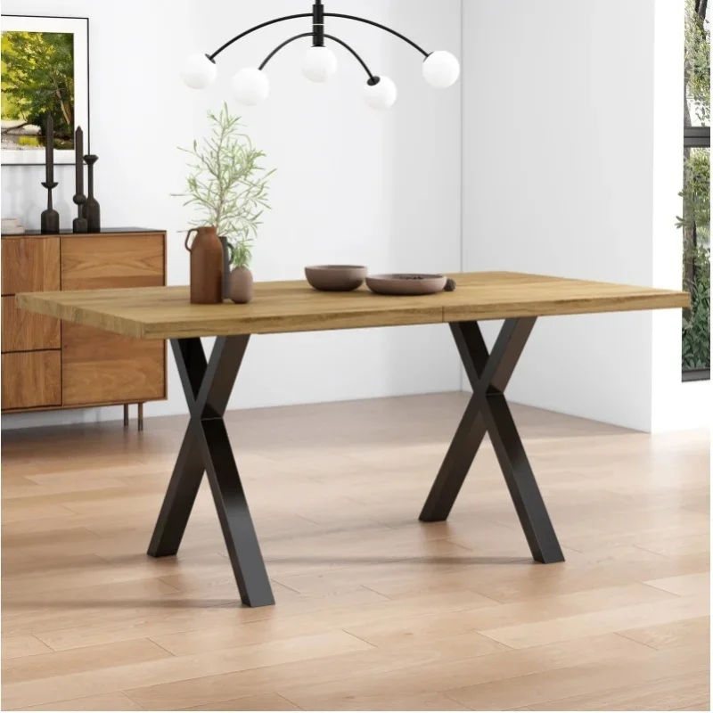 Stół do jadalni z krzyżowanymi nogami, blatem z MDF i czarną metalową ramą, 140x80x76 cm, dąb i czarny.