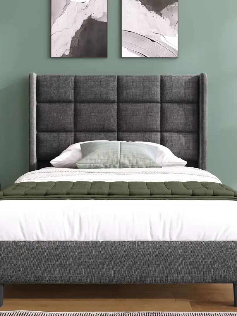Szare lniane łóżko pojedyncze 90x200cm z wyściełanym zagłówkiem i listwowym stelażem, w zestawie materac sprężynowy o średniej twardości, meble do sypialni. Grey + Linen + 90cm*200cm