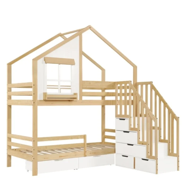 Łóżko piętrowe dla dzieci z dwoma wysuwanymi szufladami, drabinką z poręczami, drewno sosnowe i MDF, białe i naturalne, 90x200 cm