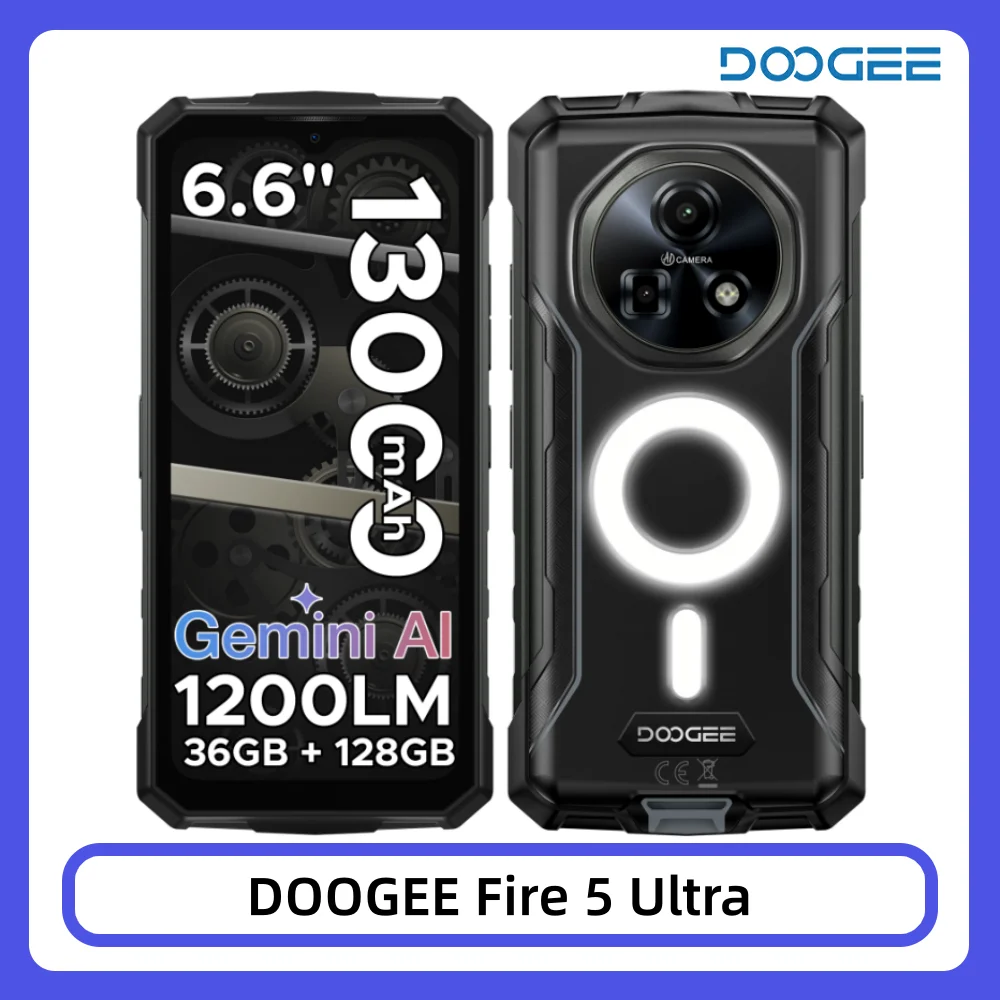 DOOGEE Fire 5 Ultra Wytrzymały Telefon 36GB 128GB Bateria 13000mAh Helio G81 Wyświetlacz HD+ 6.6'' Aparat 48MP NFC Podwójne Światła Kempingowe Android 16 Smartphone 6GB 128GB Green