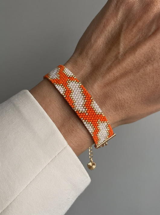 Neon - pomarańczowa złota bransoletka z koralików Miyuki - snake pattern