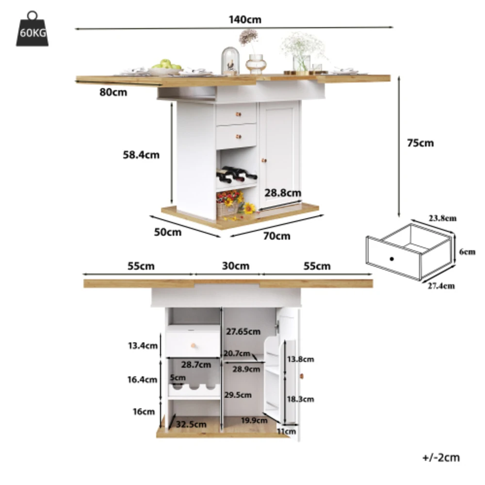 Teleskopowy rozkładany stół jadalniany 110‑140 × 80 cm, składany, oszczędzający miejsce stół kuchenny dla 4‑6 osób, z półką na przekąski i stojakiem na wino do kuchni i salonu, biały