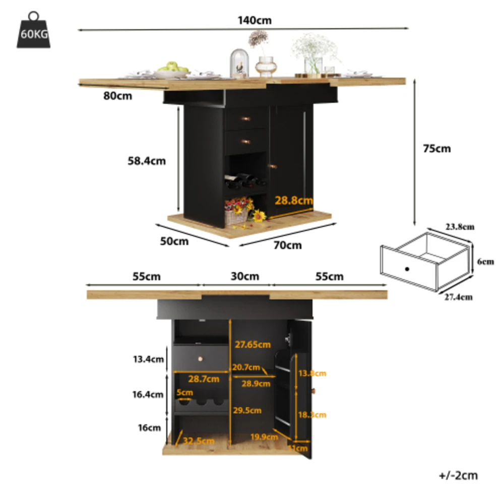 Teleskopowy rozkładany stół jadalniany 110‑140 × 80 cm, składany, oszczędzający miejsce stół kuchenny dla 4‑6 osób, z półką na przekąski i stojakiem na wino do kuchni i salonu.