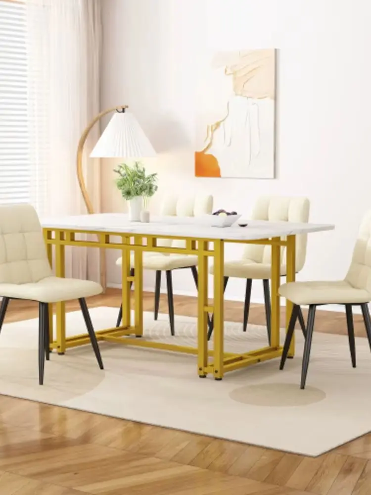 Stół do jadalni w stylu light luxury, prostokątny, 120×70 cm, nowoczesny stół obiadowy z solidną, złotą metalową ramą i nogami, meble do jadalni i salonu.